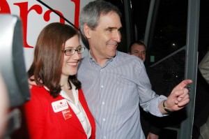 Brierley with Iggy - hand points Brierley was introduced to the larger Liberal community at a Town Hall meeting in Hamilton and had her picture taken with the man she hopes will help her win the election in Burlington.