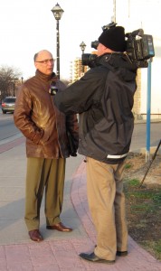 Geoff Brock does a stand up piece for a television news camera during the demonstration against long range plans for a highway through the Niagara Escarpment.