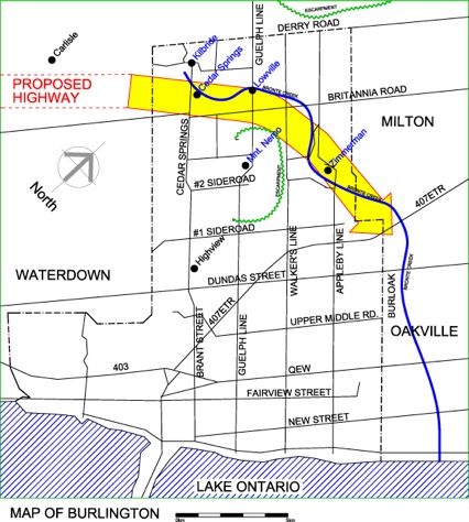 Early map showing possible highway development route.  Burlington wants nothing to do with this plan – but there are many who think a new highway is inevitable.