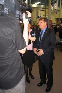 Mike Wallace talks to the Cogeco Cable camera – getting his 15 minutes of fame early in the term