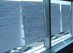 Each of the three group facilitators used flip charts to capture the thoughts of the fourteen participants at the seventh half day session to create the Burlington Strategic Plan.