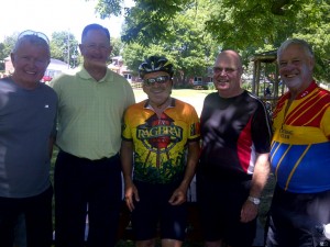 Deputy mayor from Port Hope ; Mayor Parrish from Ajax; the current Mayor of Coburg and the former mayor of Coburn.  Several of these gents are joining Dennison, who is on the far left, in the Great Waterfront Trail Adventure.