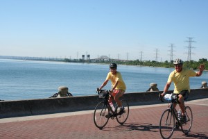 Ward 4 Councillor Jack Dennison arrives in Burlington on the first leg of his eight day adventure cycling from Niagara on the Lake to Riviere Baudette in Québec along the Waterfront Trail.