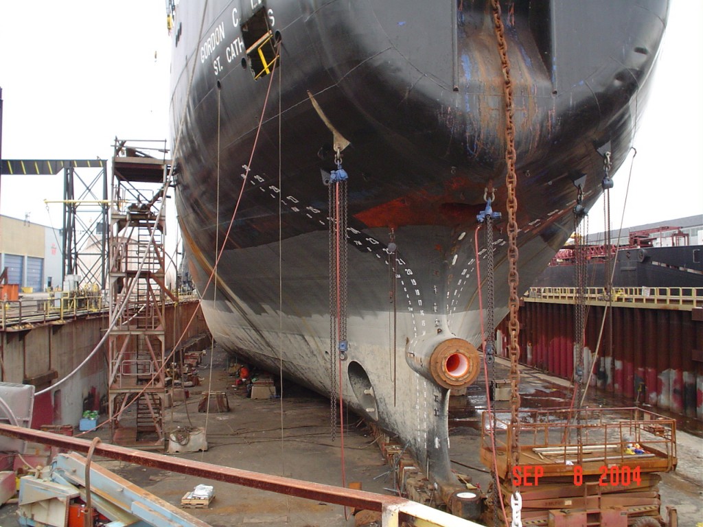 Gordon C Leitch - Algoma Corp The Thordon Bearings people focus on the propeller shaft bearings of a ship and in this image the propeller has been removed.