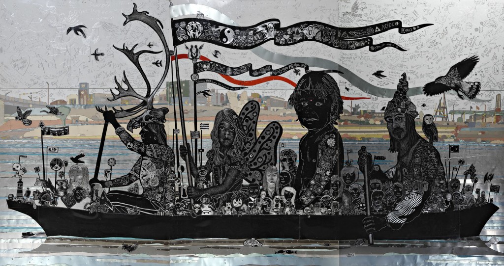 hind-mural-web David Hind is a Brantford based visual artist who work in very large format – like 16x8 foot mural size formats. This time he is using aluminum and is expecting anyone who walks by to spend some time on his “canvas”. The piece shown above is a collective effort. It is directly based on George Bingham's painting "Fur traders descending the Missouri" and was in part inspired by James Ensor's "Christ entering Brussels" and Bill Reid's "Spirit of the Haida Gwaii". It depicts a canoe on the grand river passing through Brantford Ont. The boat has been filled by 250+ participants from in and around Brantford and illustrates the rich and diverse community that call this place their home. It is meant to be a symbol of togetherness: uniting all through peace, understanding, openness to difference, and compassion for all living things. Thanks to all that have contributed; Sarah Baker, Dawn Hackett, Chris Wabie, Sarah and Lori Byrd, Tim Southern, Sharon, Steven, Aliki, Jay, the Arts Bloc, Glenhyrst, et al. Additional works with Simon Frank, Tor Lukasik-Foss, and Steve Mazza
