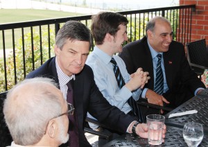 Burlington lawyers- When you are running for the governing party you’re able to bring in Members of the government. Here Ontario Attorney General Chris Bennett chat with a group of lawyers. Karmel Sakran, Burlington Liberal candidate is on the extreme right.