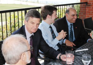 When you are running for the governing party you’re able to bring in Members of the government.  Here Ontario Attorney General Chris Bennett chat with a group of lawyers.  Karmel Sakran, Burlington Liberal candidate is on the extreme right.