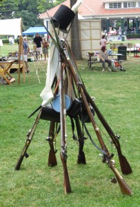 Enactment weapons stacked A colourful part of the day was watching the “troops” stack their rifles and some of their equipment.