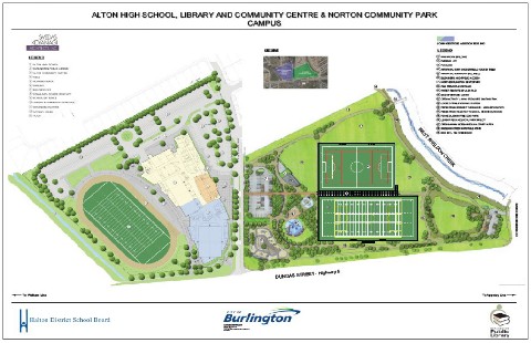 The community site is on the eastern side of Tim Dobbie Drive north of Dundas.  A sports fields and a skate board rink are on the east side.  Rink is expected to open in September.