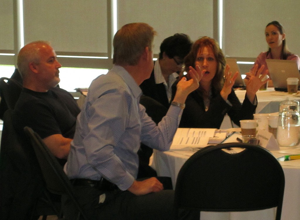 Councillor Sharman with his back to the camera faces off with Councillor Meed Ward at a Strategic Planning session. Each ciouncillor was new to municipal politics and each brought different personalities and styles to the job. They both add to the colour and flavour of Council