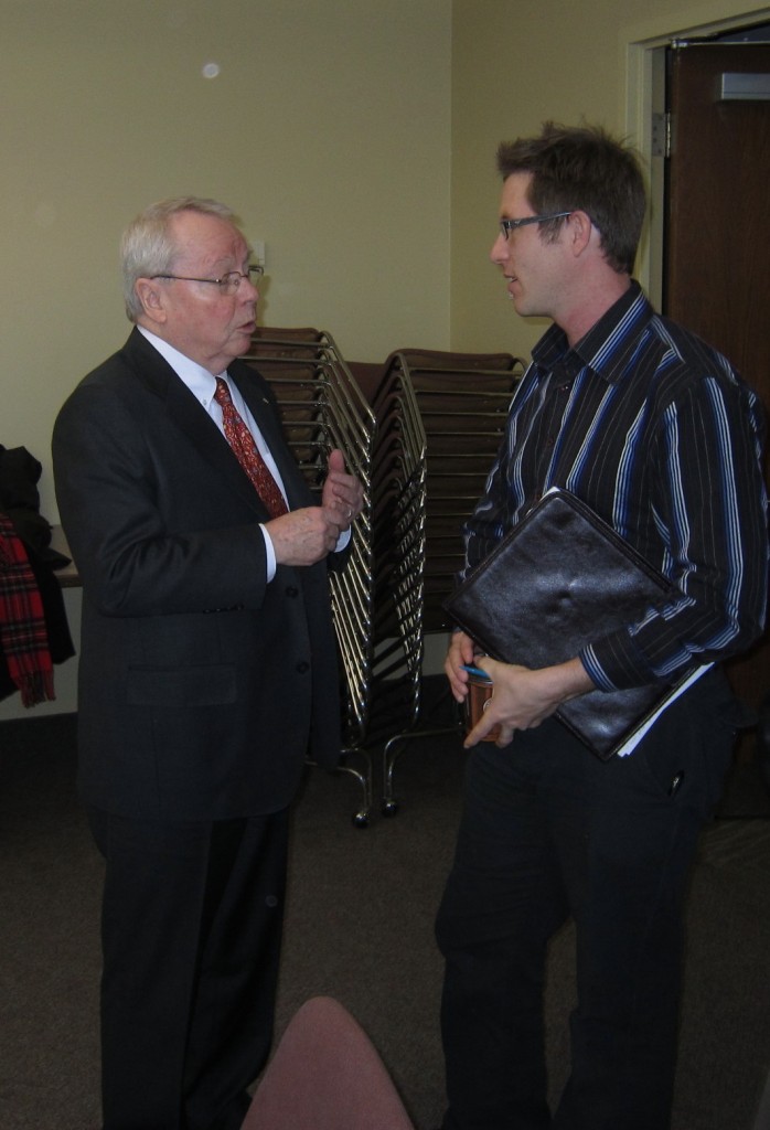 Burlington has had relatively large community protest groups in the past.  The Save our Waterfront group had more than 1000 members - did it achieve anything other than getting its founder elected to city hall?  Here one of the masters of public involvement, former Toronto Mayor David Crombie talks with current SOW presisdent.