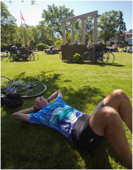 Dennison resting after bike round