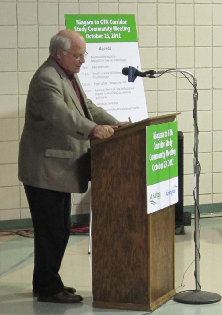Councillor John Taylor, war horse on Escarpment issues got a round of applause before he said a word at the community meeting held to voice once again Burlington's opposition to a highway through any part of the Escarpment. 