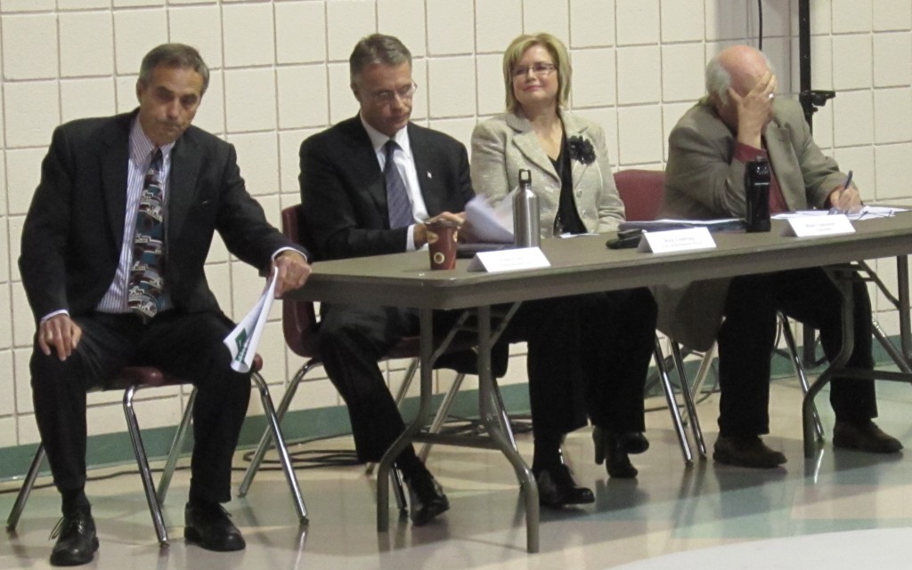 Regional Chair Gary Carr, Burlington Mayor Rick Goldring and Councillors Blair Lancaster and John Taylor all spoke to an audience of more than 600 people at the Mainway Recreation centre - on an evening when it rained.