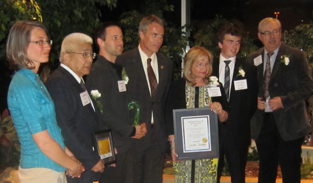 From the left: Michelle Bennett Environment, Sam Kawazoye Community Service, Trevor Copp Arts , Mayor Goldring, Wendy Hager, Citizen of the Year, Dan Taylor Junior Citizen and Jim Frizzle, Senior of the year.