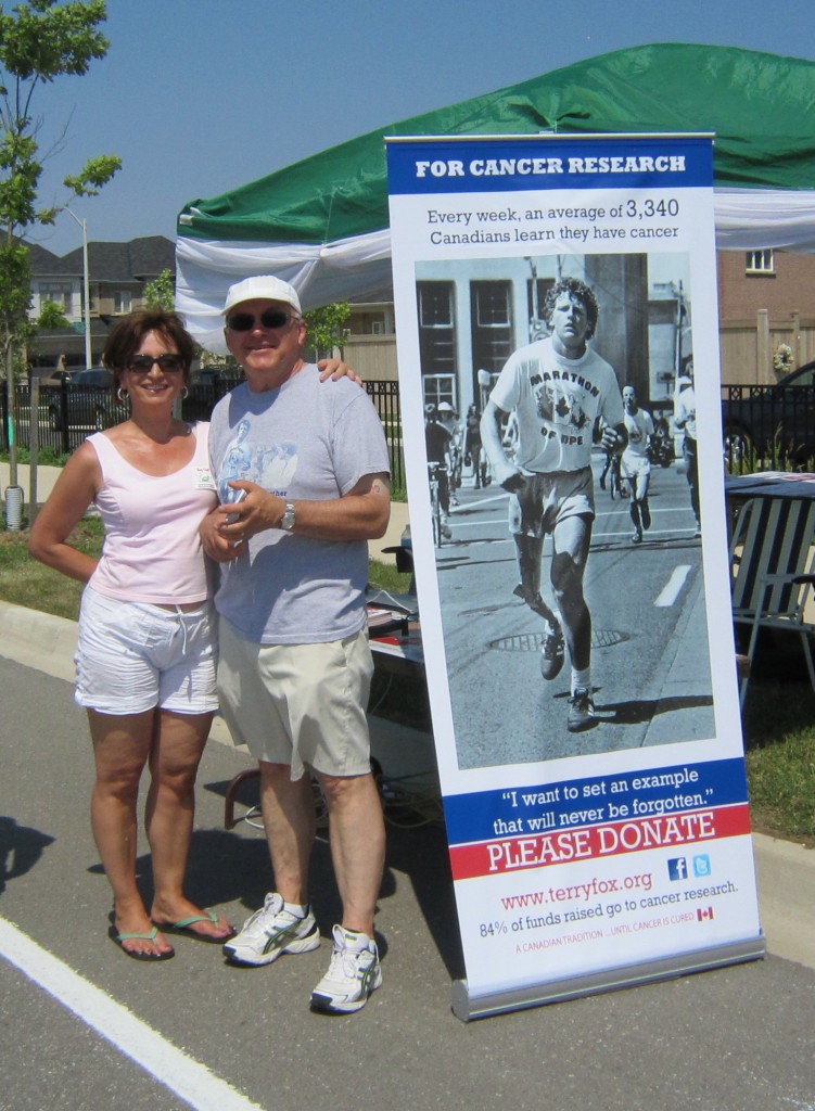 The Terry Fox Run to Cure Cancer people were out trying to attract and involve people from the LAton Village to take part in the event in September,