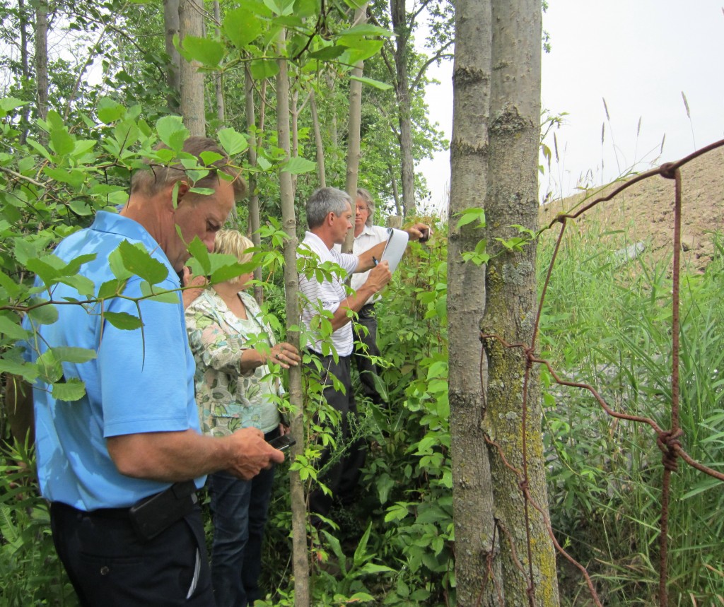 John Hutter in the foregropund along with WArd 6 Councillor Blair Lancaster, Carey Clarke from the city's Engineering department and property owner Carl Cousins inspect the landfill at the edge of the Cousin's farm property ad the flooding of the farmland. The city now knows that muich of the landfill is really waste.