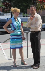 Trevor Copp talks with Angela Pap during the unveiling of the Spiral Stella at the Performing Arts Centre earlier in the week.