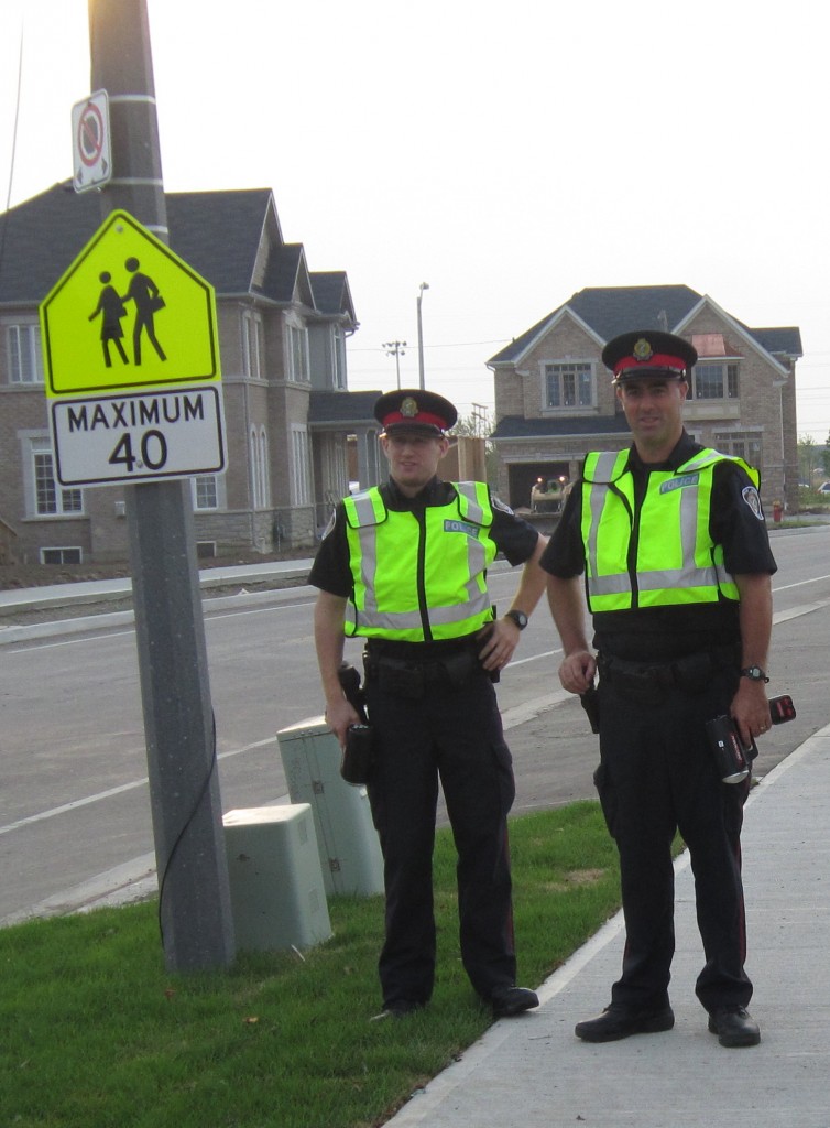 Speed limit sign is clear - so are those radar gunds in the hands of two police officers waiting for someone to break that speed limit. It was an All Hands on Deck day in Burlington earlier this week as police were out in force making the point that driving carelesly in school zones was not going to be tolerated.