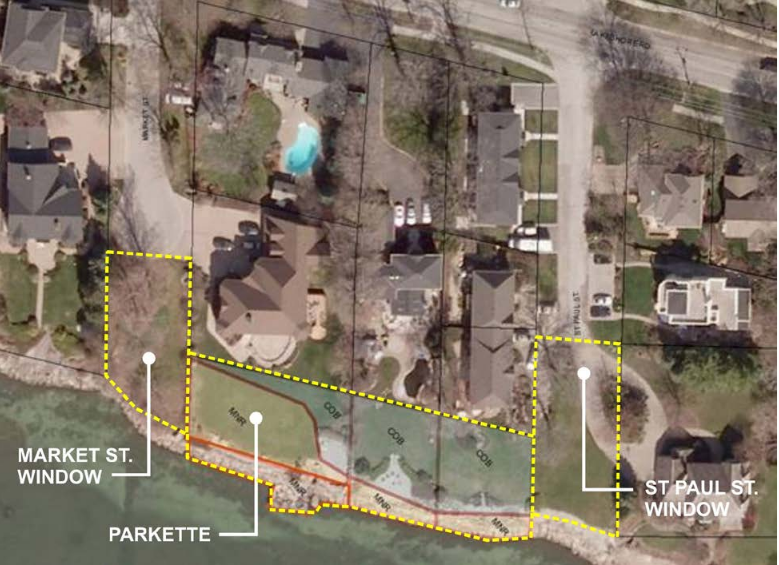 This graphic sets out the issue. The two pieces of land at each end are owned by the city and will be turned into Windows on the LAke. The piece in the centre is owned by the city and the province. The three property owners want to purchase that centre piece and make it private property. Other people want to see a pathway through the property running from Lakeshore, down Market Street along the waterfront and up St. Paul back to Lakeshore. City council voted t sell the land in the center.