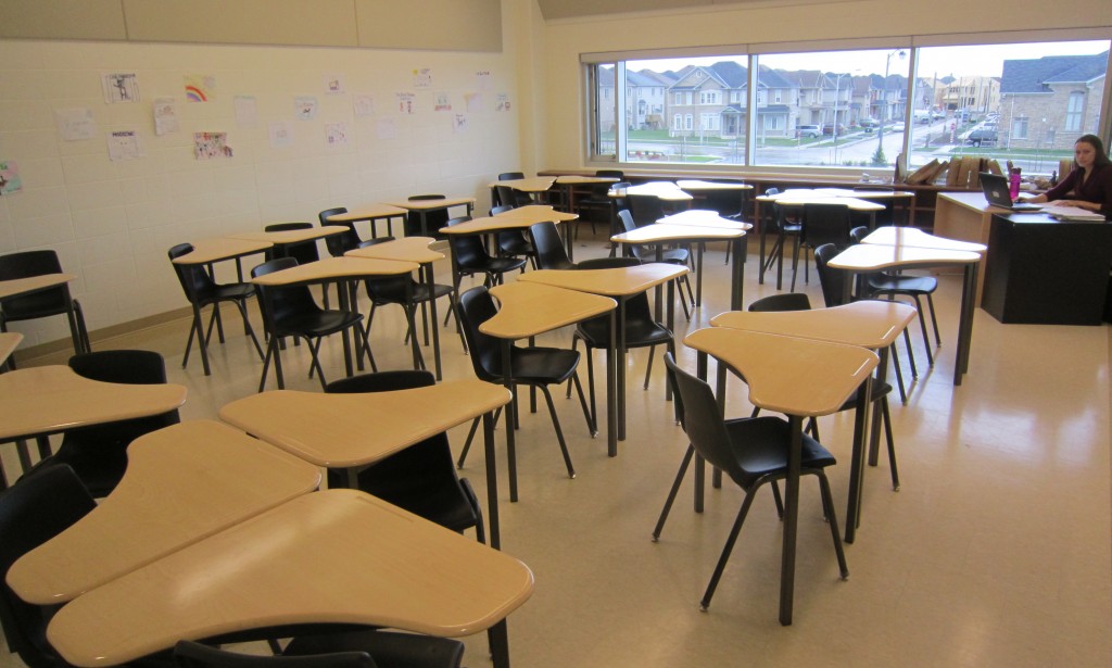 No more desks set out in neat rows.  The classroom furniture is now such that students can sit by themselves or in groups of two or three - up to eight.  The objective was to create situations where the students learn to work as groups and to collaborate on a problem - question or assignment.