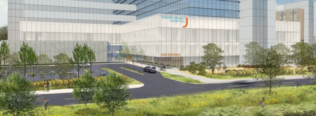 An architects rendering of the new entrance to the Joseph Brant Hospital whch will now face the lake. The entrance will be off LAkeshore Road with the new parking lot just to the west of the hospital.