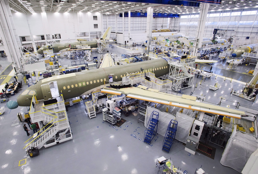 Bombardier's CS100 assembly line is seen at the company's plant Friday, December 18, 2015 in Mirabel, Que. After years of delays and cost overruns, Bombardier's CSeries commercial aircraft has been certified by Canada's transportation regulator. THE CANADIAN PRESS/Ryan Remiorz
