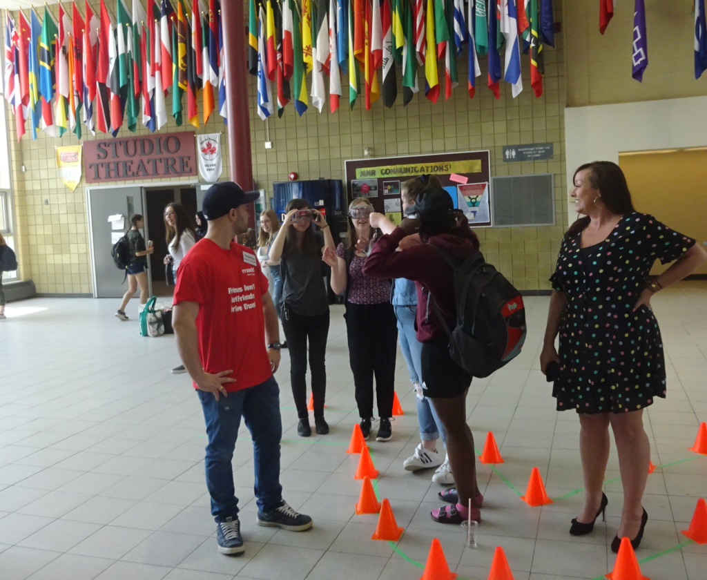 Claire walkin cones in lobby