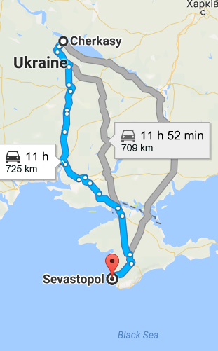 Distance between Cherkassyand Sevastapol.