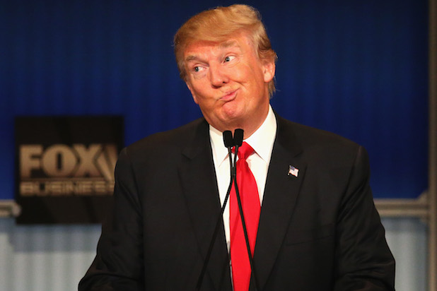 MILWAUKEE, WI - NOVEMBER 10: Presidential candidate Donald Trump gestures after Carly Fiorina says she met with Russian President Putin at a one on one meeting, during the Republican Presidential Debate sponsored by Fox Business and the Wall Street Journal at the Milwaukee Theatre November 10, 2015 in Milwaukee, Wisconsin. The fourth Republican debate is held in two parts, one main debate for the top eight candidates, and another for four other candidates lower in the current polls. (Photo by Scott Olson/Getty Images)