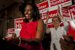 Mitzie Hunter, left, and premiere Kathleen Wynne celebrate a Liberal victory the Scarborough-Guildwood by-election on Thursday. (August 1, 2013)