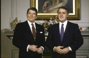 US President Ronald W. Reagan (L) posing with Canadian Prime Minister Brian Mulroney before talks in Ottowa, April 1987. (Photo by Dirck Halstead/The LIFE Images Collection/Getty Images)