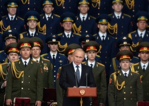Russian President Vladimir Putin delivers a speech at the opening of the Army-2015 international military forum in Kubinka, outside Moscow, on June 16, 2015. AFP PHOTO / VASILY MAXIMOV
