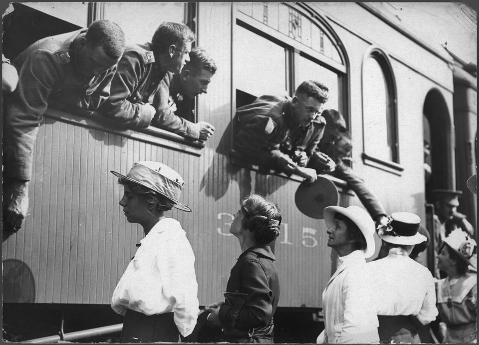 WORLD WAR I -- CANADA GOES TO WAR IN 1914 -- Soldiers leave for war watched by their families at Union Station in Toronto, 1914. Credit: City of Toronto Archives NB: Small file size (for print)