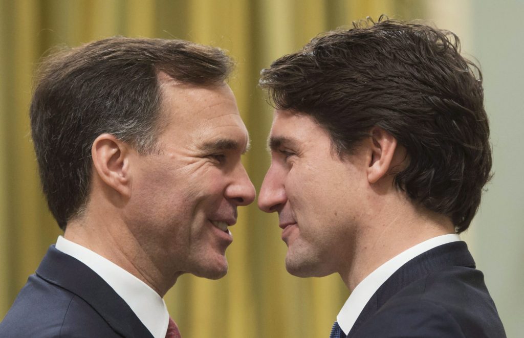 Prime Minister Justin Trudeau, right, goes face-to-face with Finance Minister Bill Morneau at Rideau Hall in Ottawa on Wednesday, November 4, 2015. THE CANADIAN PRESS/Sean Kilpatrick