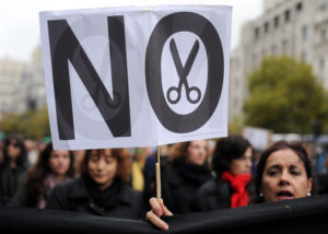 Government employees and civil servants take part in a demonstration against the Spanish government's latest austerity measures, in the center of Madrid, on November 16, 2012. Spain announced on November 15, 2012 it has moved into a second year of a job-killing recession, a day after millions joined anti-austerity strikes and vast protests. AFP PHOTO/DOMINIQUE FAGET (Photo credit should read DOMINIQUE FAGET/AFP/Getty Images)