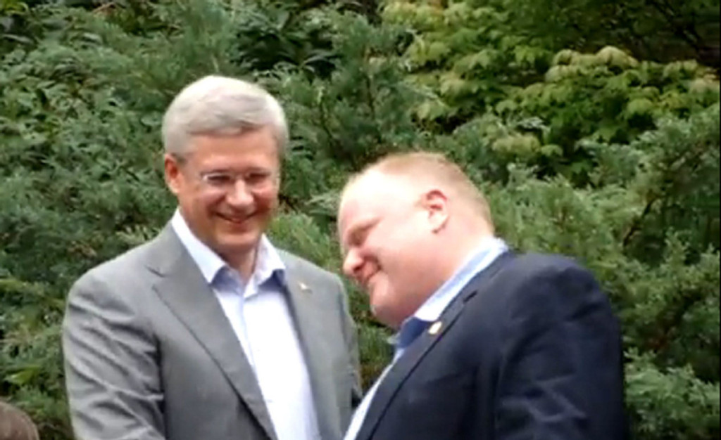 CHARGES MAY APPLY  Subject: Please add to EMMA On 2011-08-03, at 11:32 AM, Wallace, Kenyon wrote: Cultine: Toronto Mayor Rob Ford introduces Prime Minister Stephen Harper to a crowd of 700-strong Conservative supporters gathered in Ford's backyard Tuesday night during a barbeque honouring Finance Minister Jim Flaherty. Ford says he and Harper are new fishing partners. Credit: YouTube  Harper and Ford.jpg
