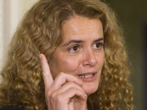 Astronaut Julie Payette speaks as she presents the Quebec government the Quebec flag she brought with her in mission on Space Shuttle Mission STS-127, in Quebec City Thursday November 26, 2009. Payette says the controversial one-way mission to send people to live on Mars is going nowhere. THE CANADIAN PRESS/Clement Allard